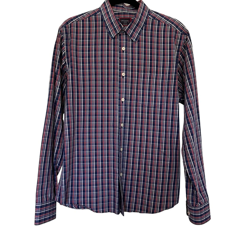 UNTUCKit (M) Dark Navy Blue Plaid Button Down Shirt Collared Work Office Date